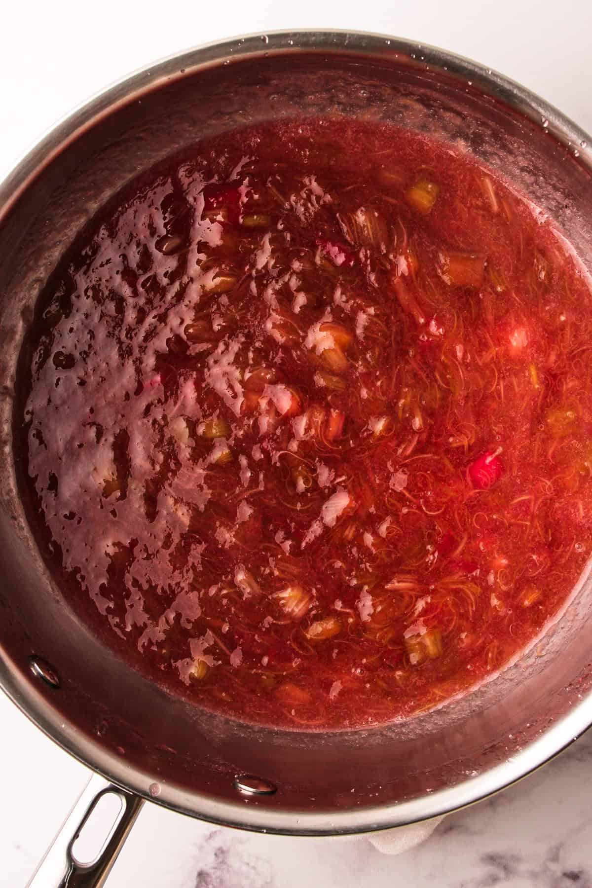 Rhubarb compote being prepared to make rhubarb crumb bars.