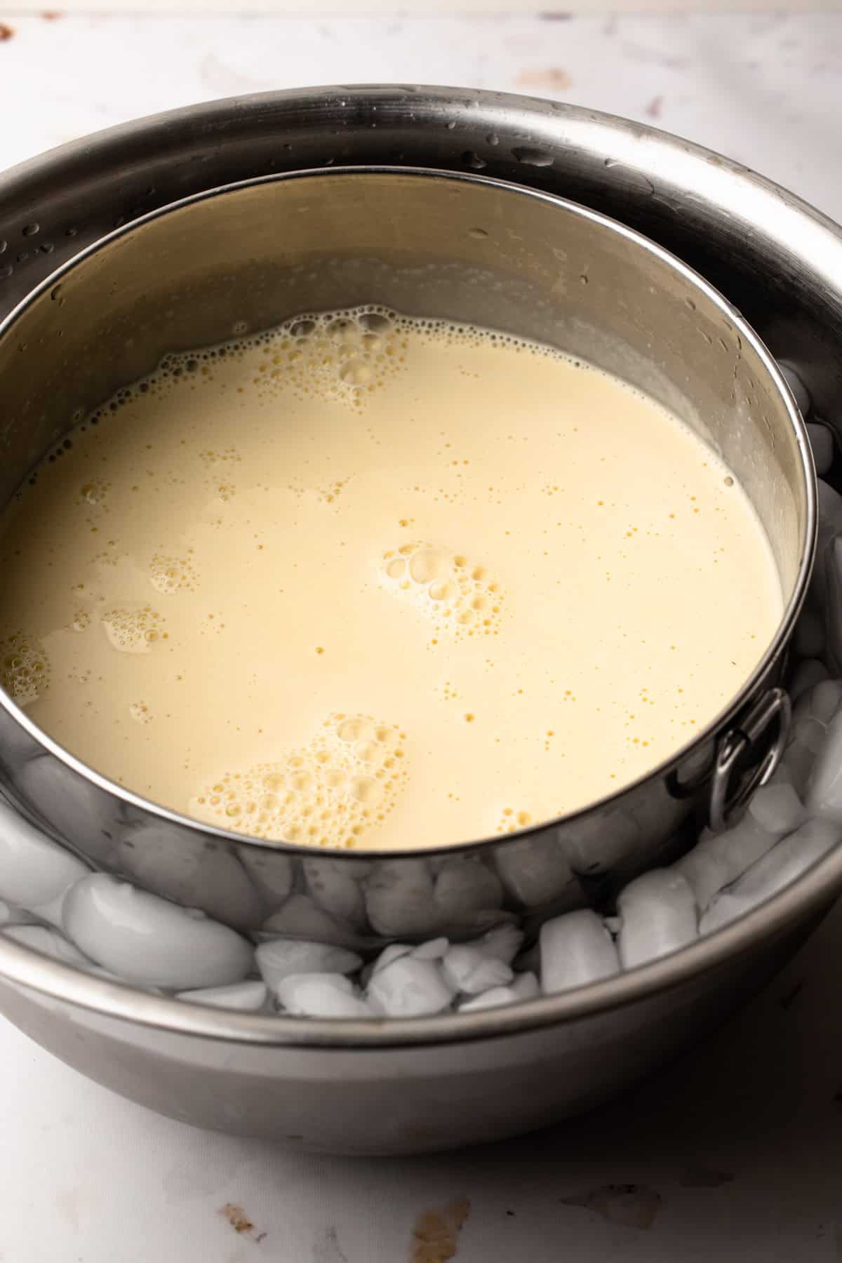 The base for french vanilla ice cream rapidly chilling in an ice bath.