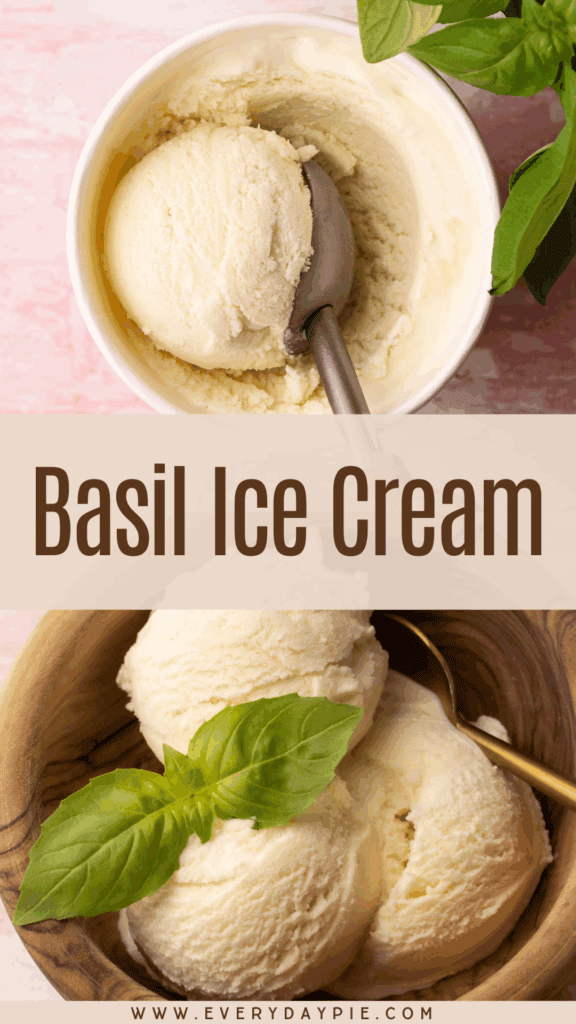 Prepared and scooped homemade basil ice cream.