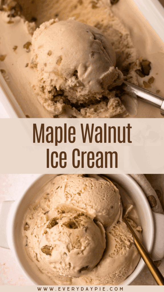 Homemade maple walnut ice cream served with a scoop.