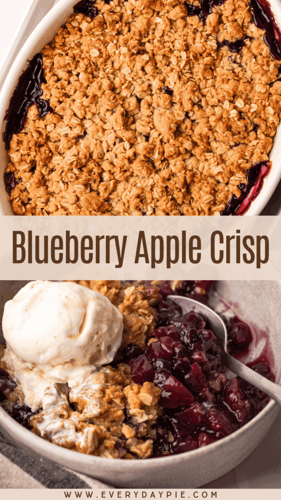 A blueberry apple crisp being assembled, being baked, and a serving of it.