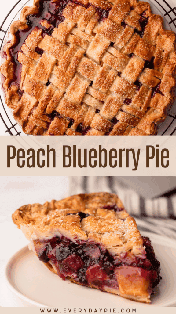 A baked and sliced blueberry peach pie.