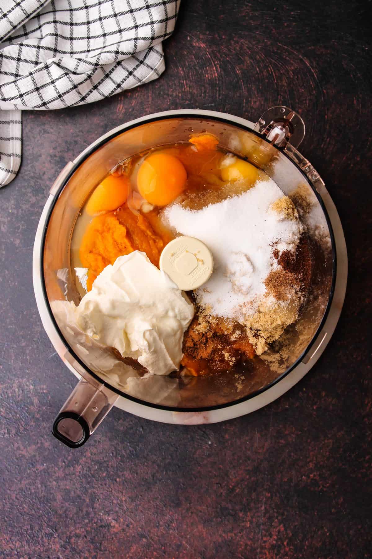 The pumpkin filling ingredients in the food processor.