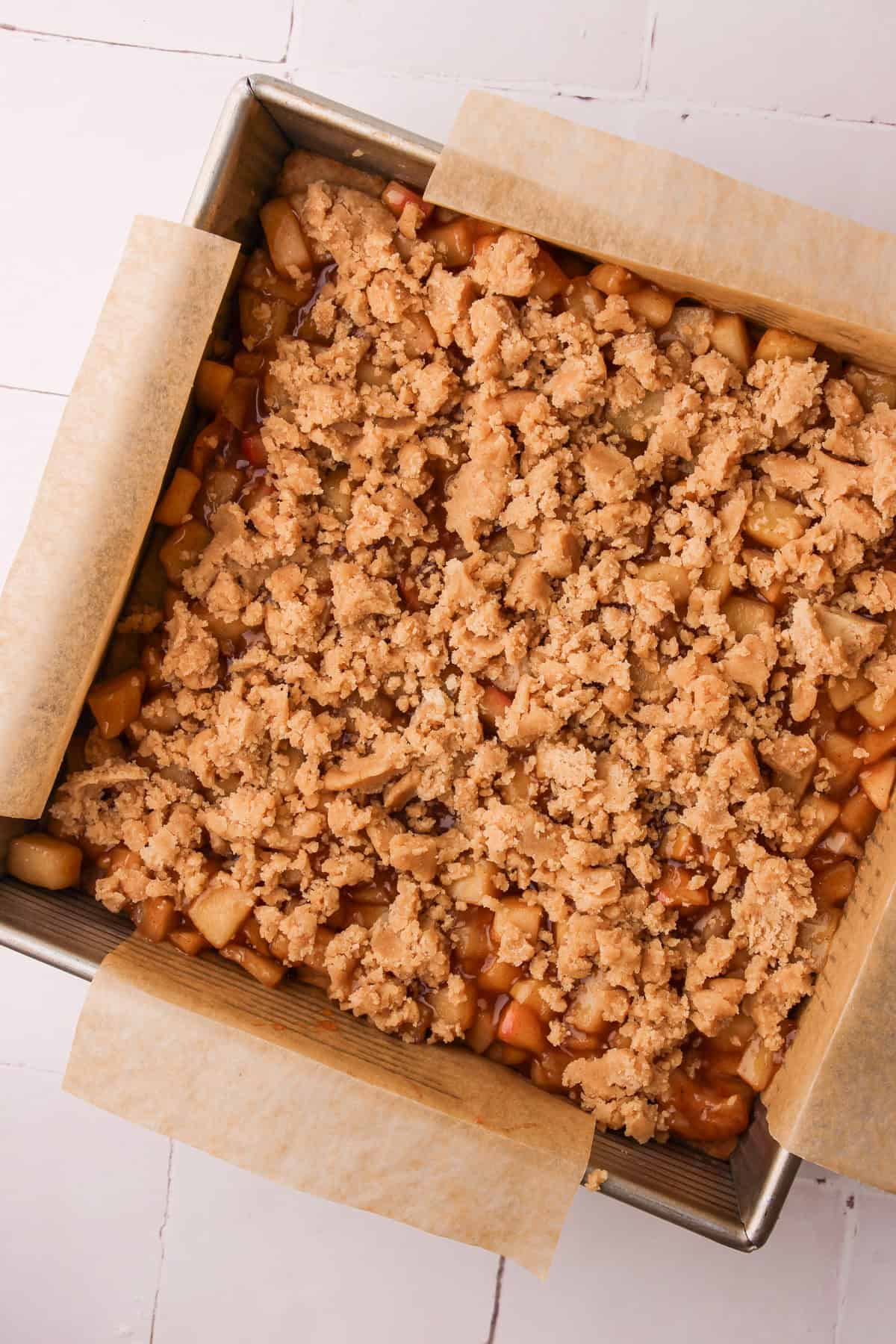 The assembled but unbaked apple pie bars.