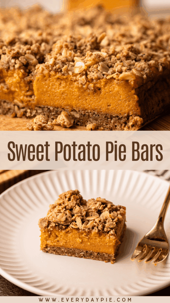 Baked and served sweet potato bars with a pecan oat crumble.