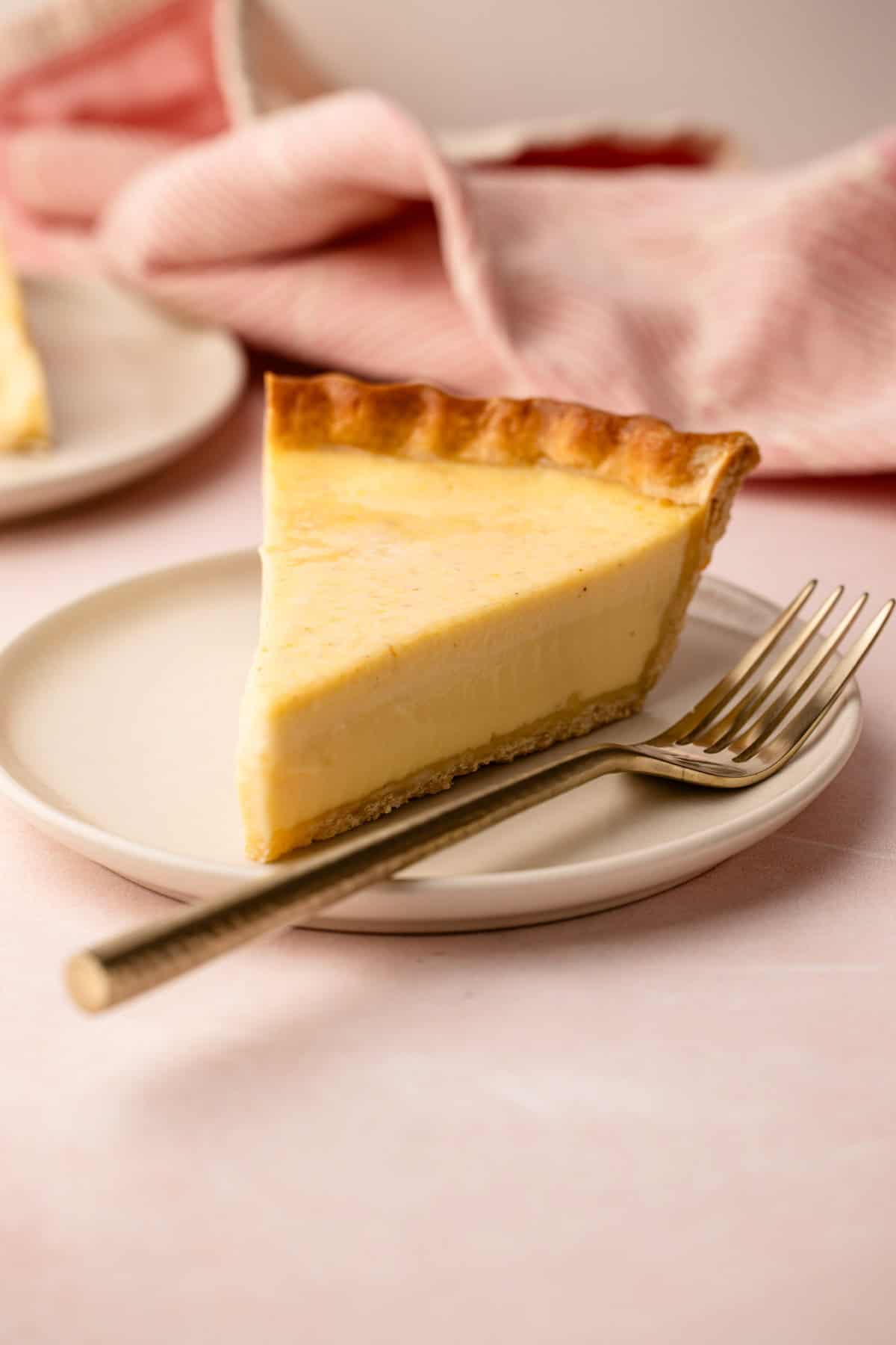 A slice of classic custard pie on a plate.