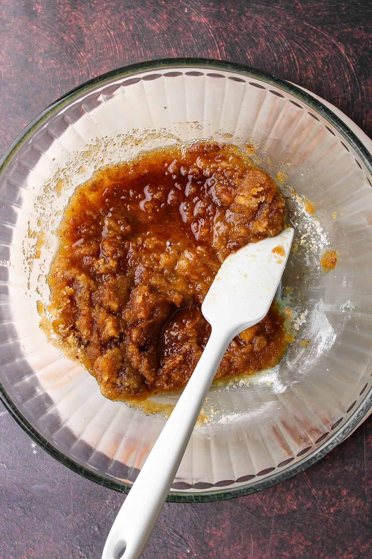 Making the crumb topping for an apple pear crisp.