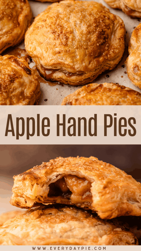 Baked apple hand pies with a bite taken out to reveal a juicy perfect filling.