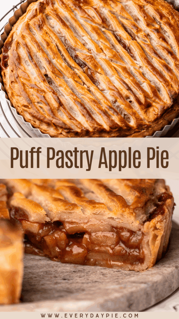 A baked puff pastry apple pie served.