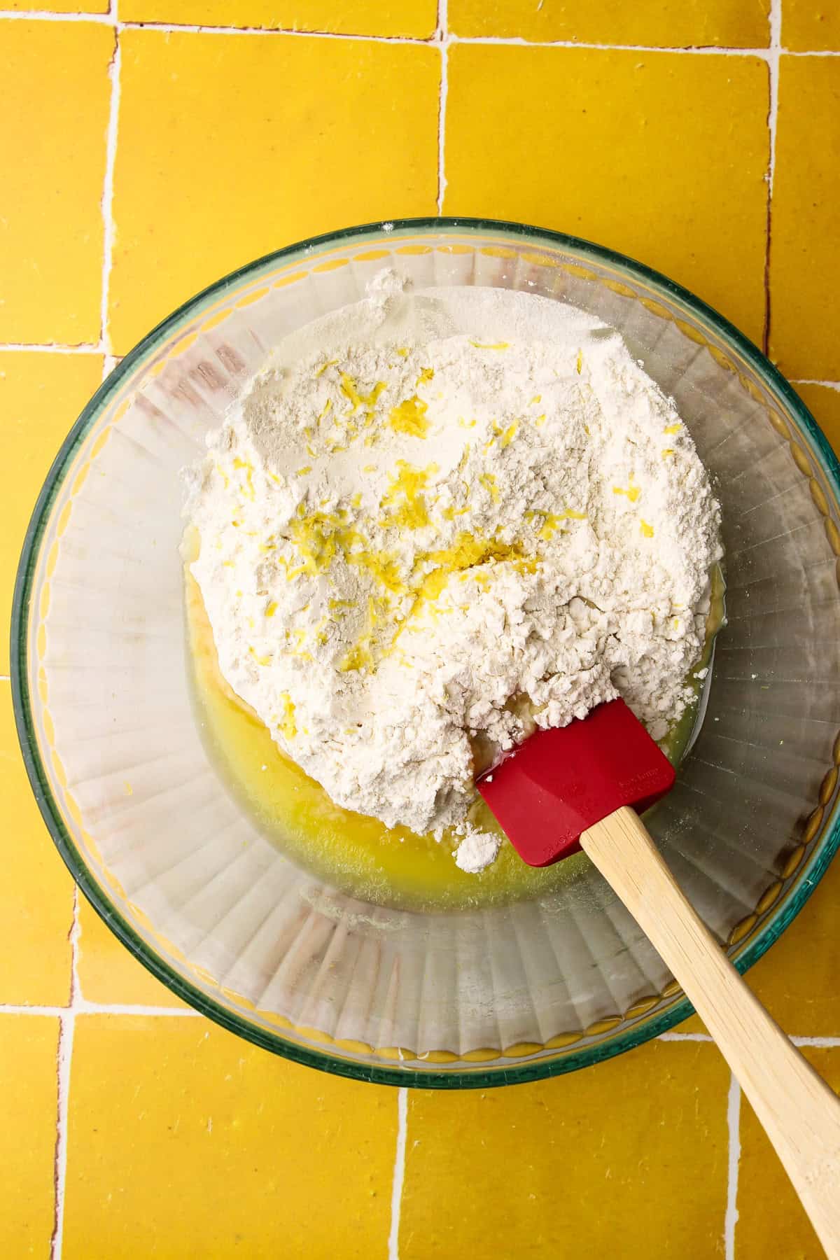 The ingredients for the shortbread layer in Lemon Pie Bars in a bowl before mixing.