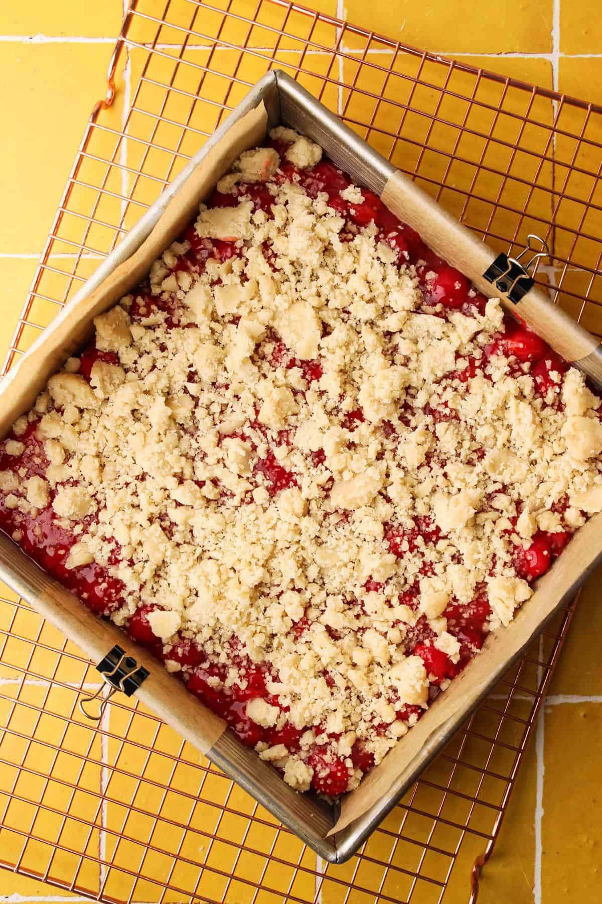 The unbaked but assembled cherry pie bars waiting to go in the oven.