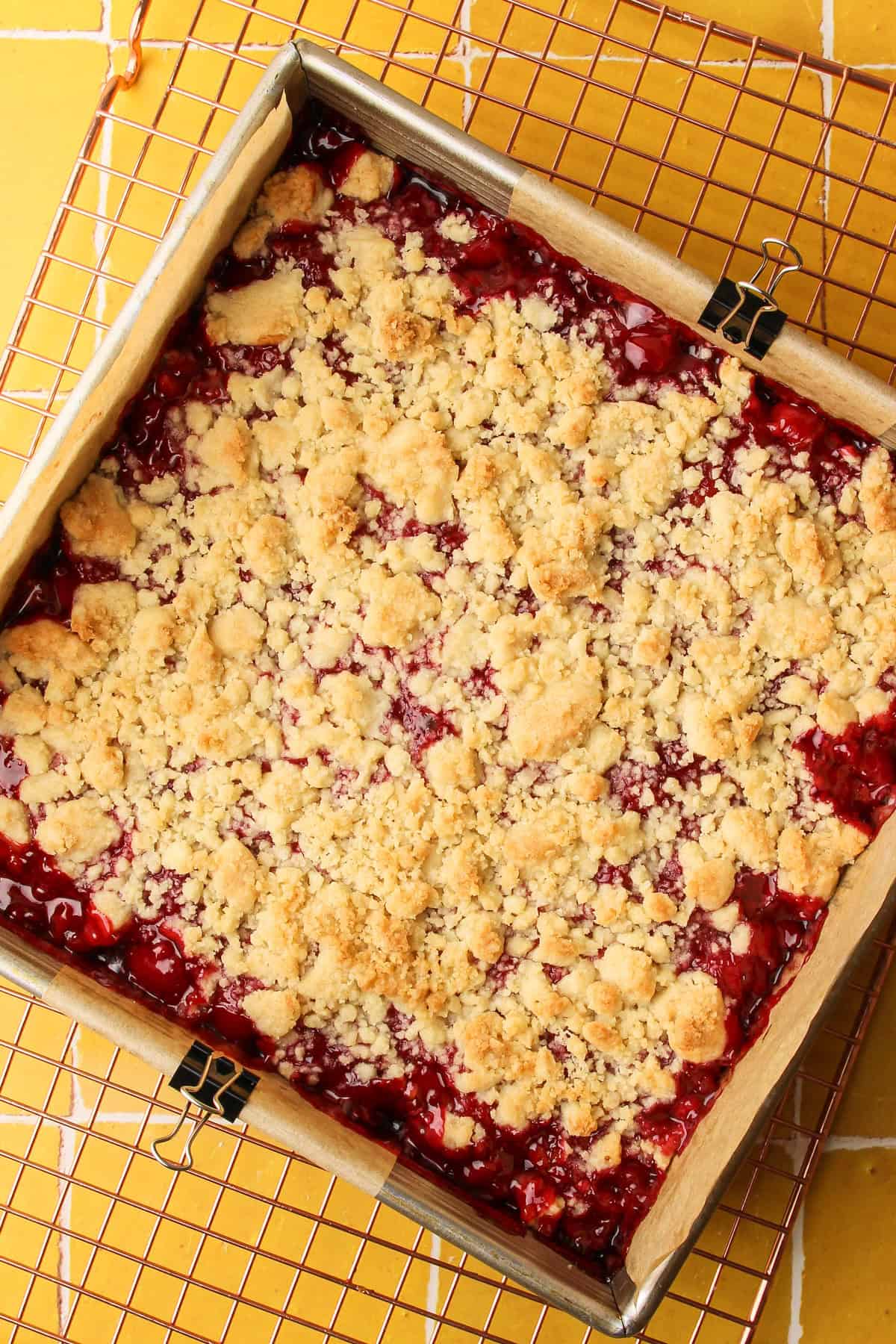 The fully baked cherry pie bars straight out of the oven.