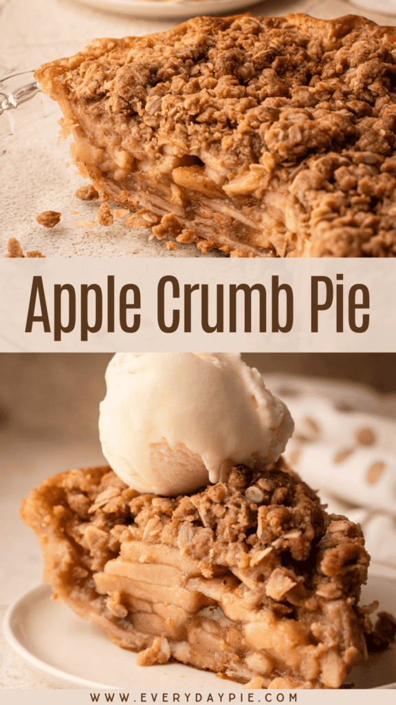 A slice of apple pie with a crumb topping and vanilla ice cream beneath the recipe title.