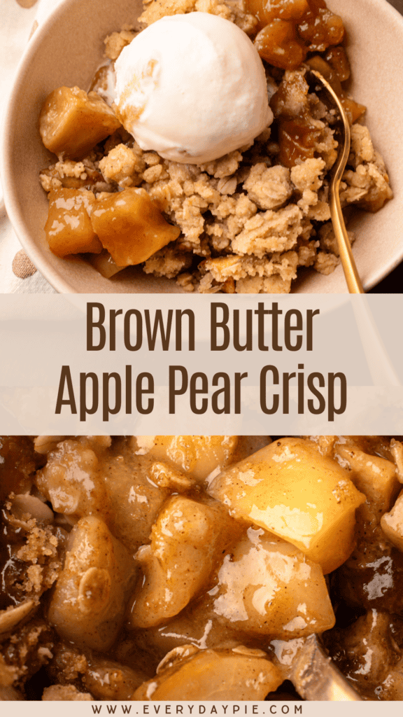A serving of apple pear crisp with vanilla ice cream and a close up portion of the dessert beneath the recipe title.